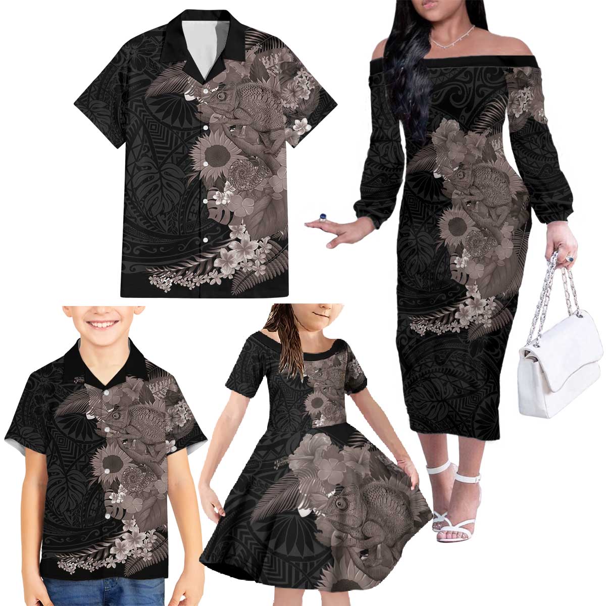 Hawaiian Tropical Plants and Chameleon Family Matching Off The Shoulder Long Sleeve Dress and Hawaiian Shirt Polynesian Art Grayscale - Polynesian Pride
