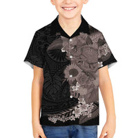 Hawaiian Tropical Plants and Chameleon Family Matching Off Shoulder Short Dress and Hawaiian Shirt Polynesian Art Grayscale LT03 Son's Shirt Black - Polynesian Pride