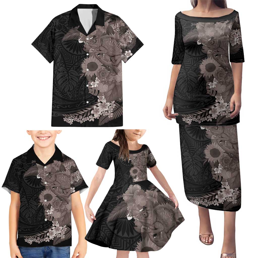 Hawaiian Tropical Plants and Chameleon Family Matching Puletasi and Hawaiian Shirt Polynesian Art Grayscale LT03 - Polynesian Pride