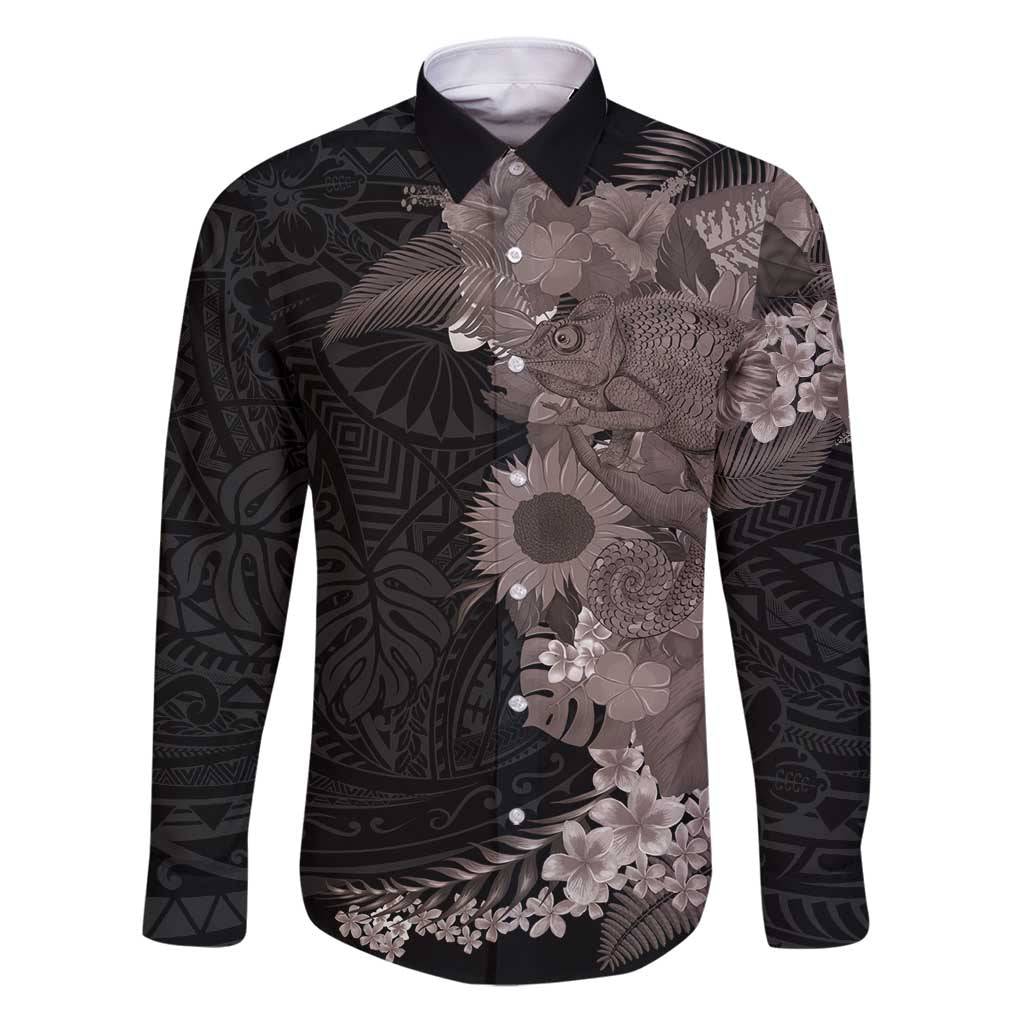 Hawaiian Tropical Plants and Chameleon Family Matching Puletasi and Hawaiian Shirt Polynesian Art Grayscale LT03 Dad's Shirt - Long Sleeve Black - Polynesian Pride