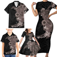Hawaiian Tropical Plants and Chameleon Family Matching Short Sleeve Bodycon Dress and Hawaiian Shirt Polynesian Art Grayscale - Polynesian Pride