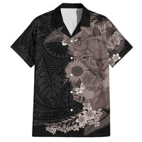 Hawaiian Tropical Plants and Chameleon Family Matching Short Sleeve Bodycon Dress and Hawaiian Shirt Polynesian Art Grayscale - Polynesian Pride