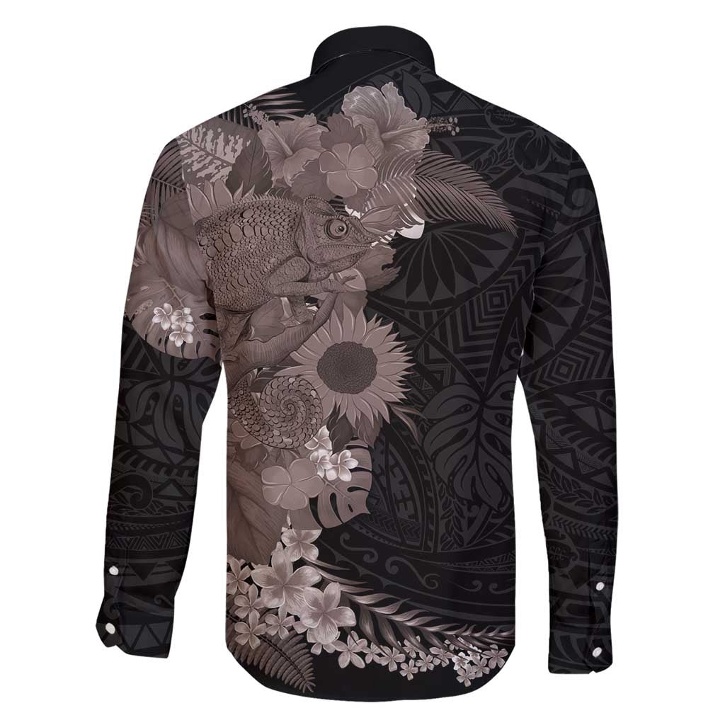 Hawaiian Tropical Plants and Chameleon Family Matching Short Sleeve Bodycon Dress and Hawaiian Shirt Polynesian Art Grayscale - Polynesian Pride