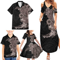 Hawaiian Tropical Plants and Chameleon Family Matching Summer Maxi Dress and Hawaiian Shirt Polynesian Art Grayscale LT03 - Polynesian Pride
