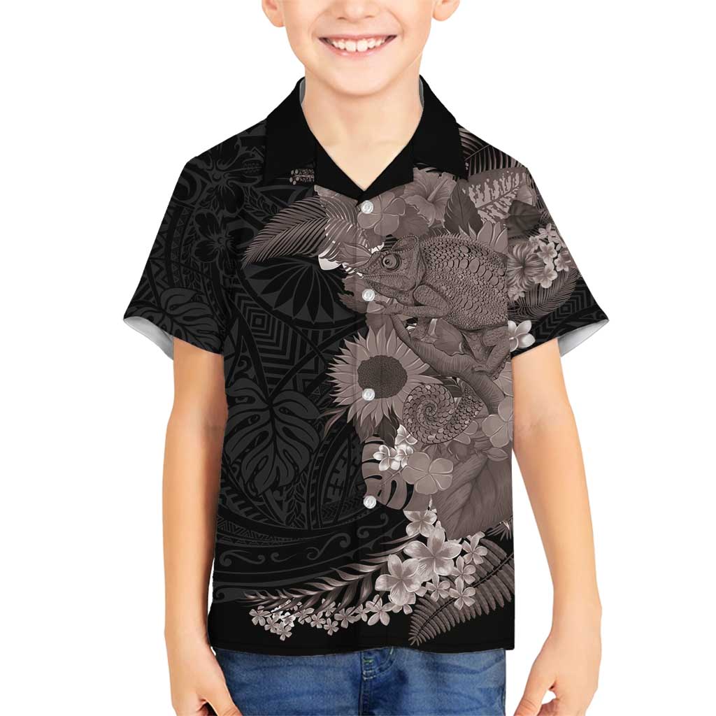 Hawaiian Tropical Plants and Chameleon Family Matching Summer Maxi Dress and Hawaiian Shirt Polynesian Art Grayscale LT03 Son's Shirt Black - Polynesian Pride