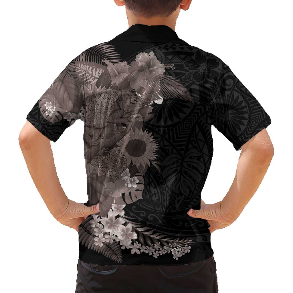 Hawaiian Tropical Plants and Chameleon Family Matching Tank Maxi Dress and Hawaiian Shirt Polynesian Art Grayscale LT03 - Polynesian Pride
