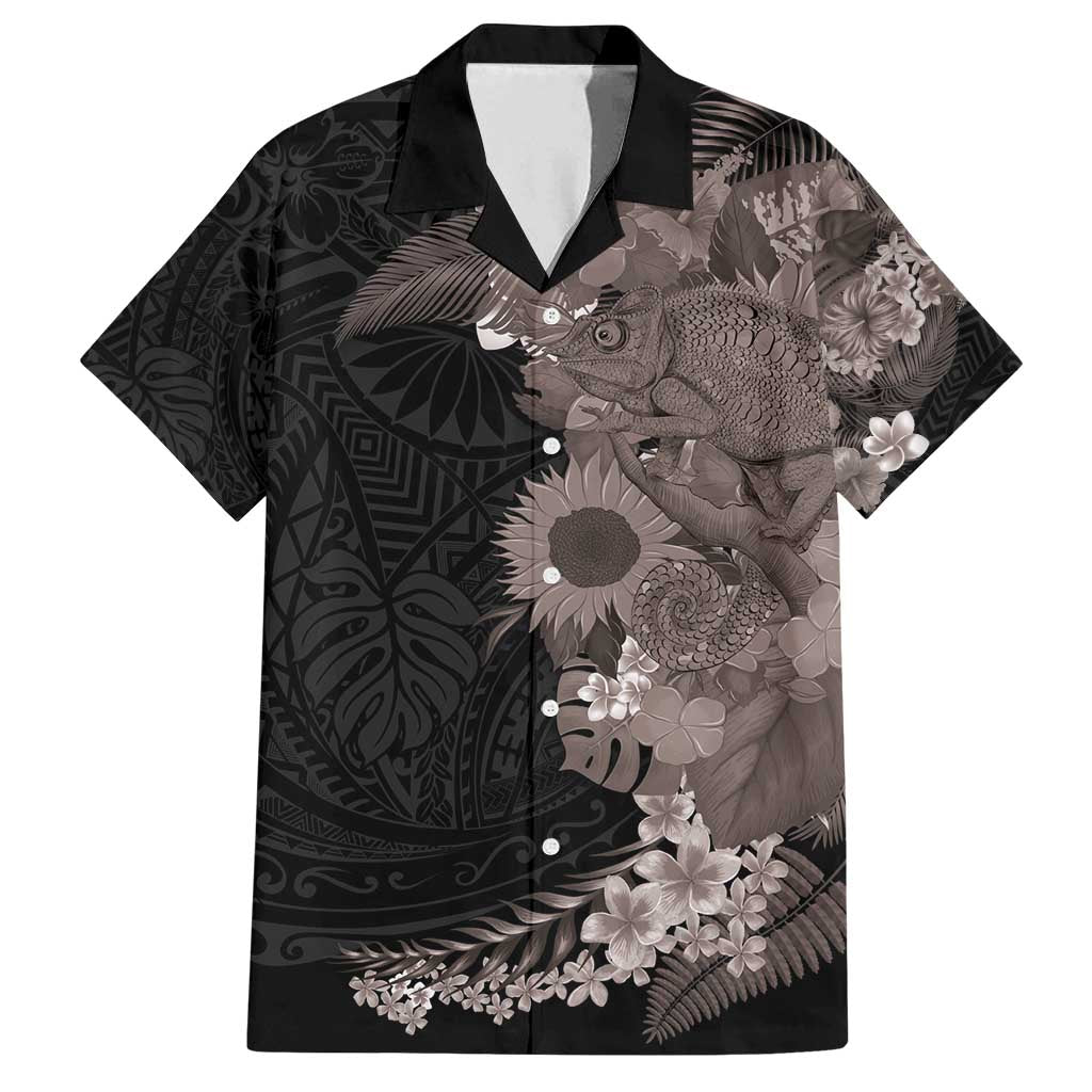 Hawaiian Tropical Plants and Chameleon Family Matching Tank Maxi Dress and Hawaiian Shirt Polynesian Art Grayscale LT03 Dad's Shirt - Short Sleeve Black - Polynesian Pride