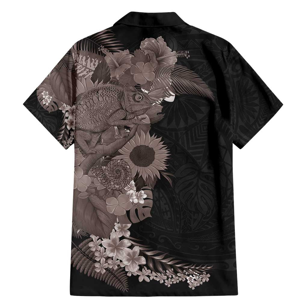 Hawaiian Tropical Plants and Chameleon Family Matching Tank Maxi Dress and Hawaiian Shirt Polynesian Art Grayscale LT03 - Polynesian Pride