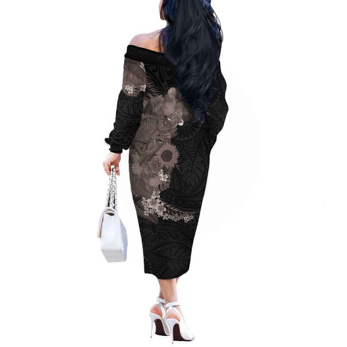 Hawaiian Tropical Plants and Chameleon Off The Shoulder Long Sleeve Dress Polynesian Art Grayscale - Polynesian Pride