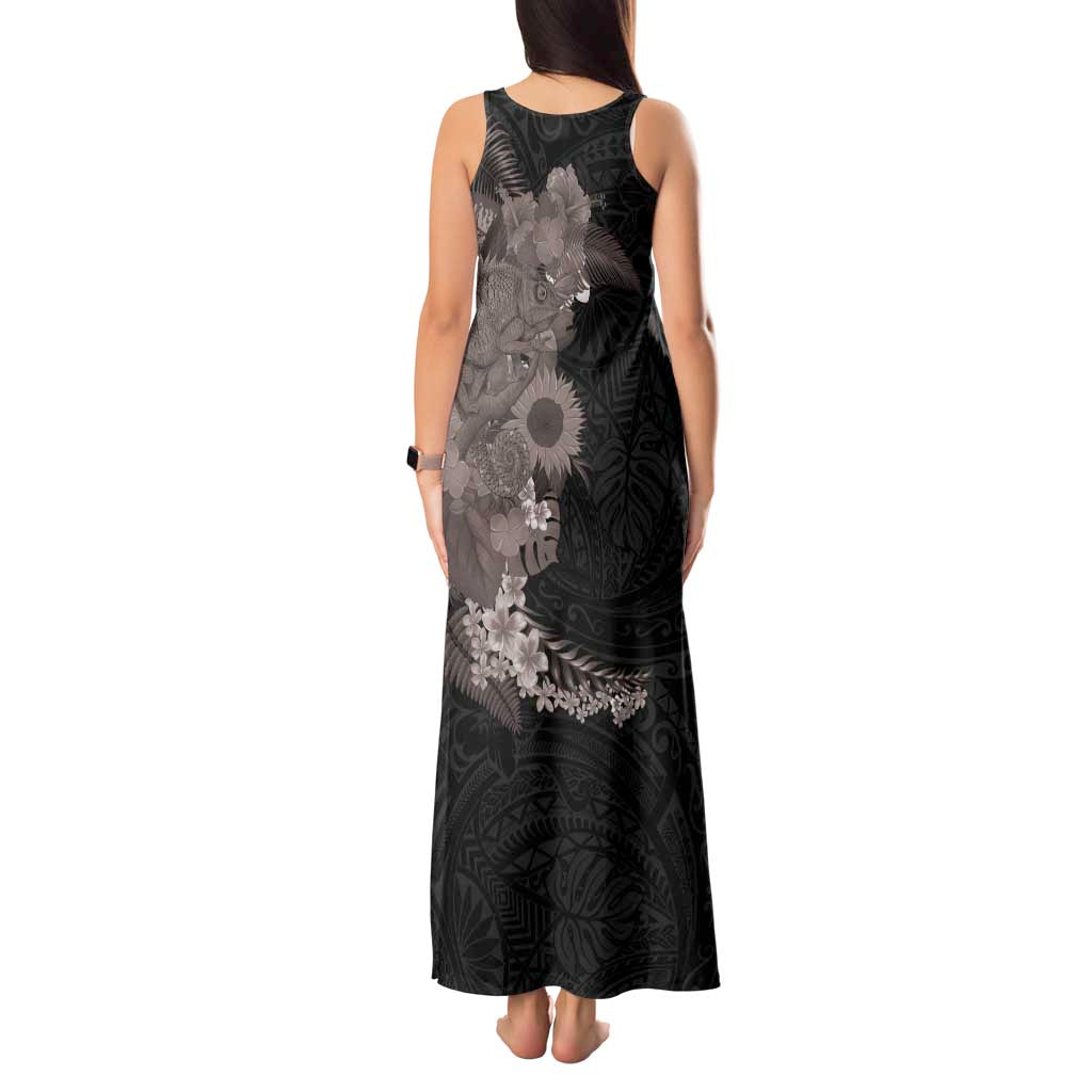 Hawaiian Tropical Plants and Chameleon Tank Maxi Dress Polynesian Art Grayscale - Polynesian Pride