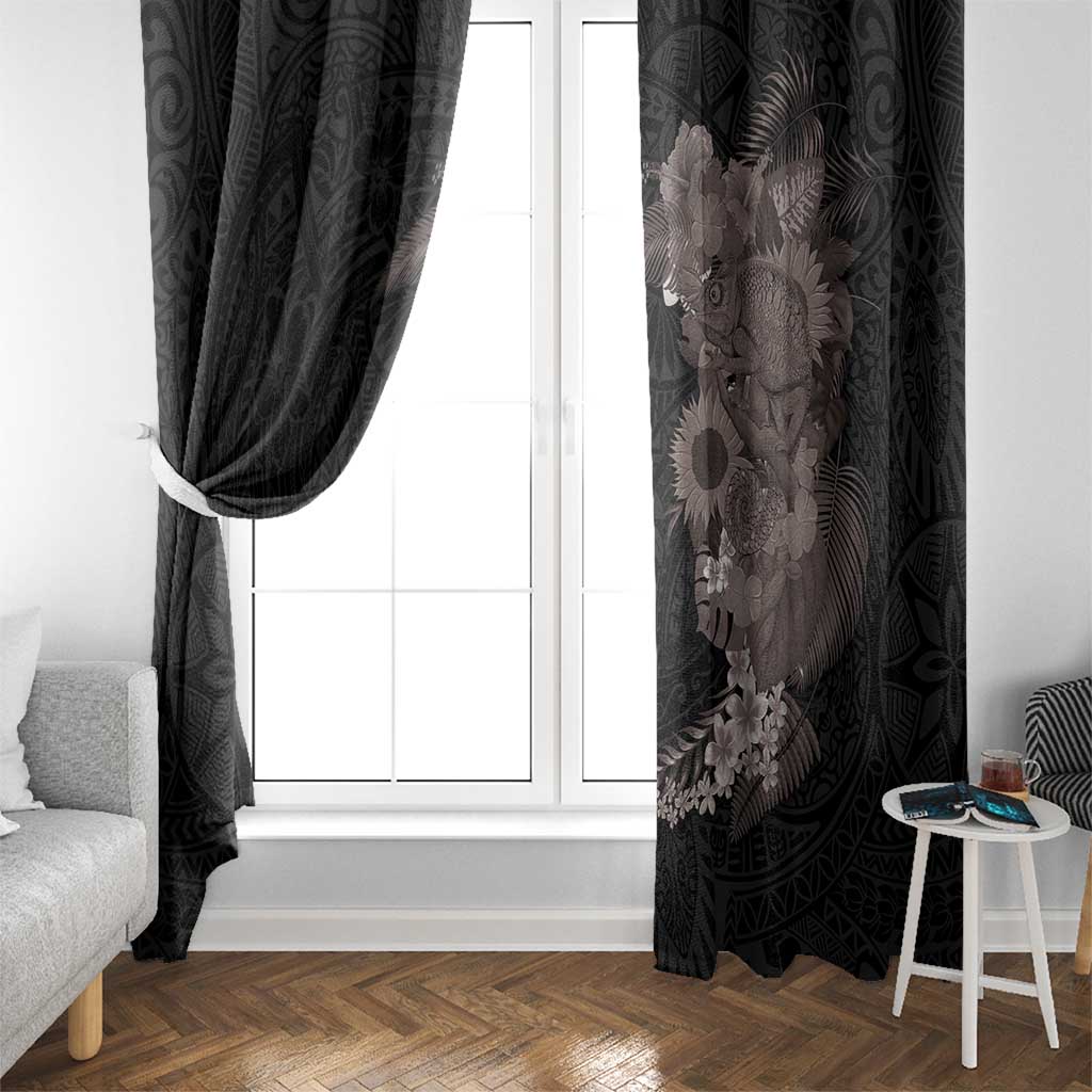 Hawaiian Tropical Plants and Chameleon Window Curtain Polynesian Art Grayscale - Polynesian Pride