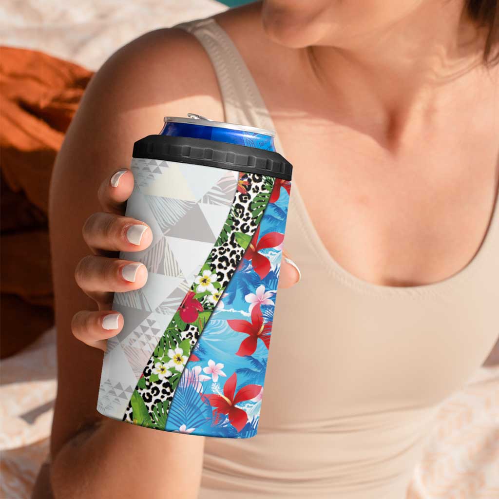 Hawaiian Tropical Flowers and Leaves 4 in 1 Can Cooler Tumbler on Leopard Pattern Half Style White-Blue Version - Polynesian Pride