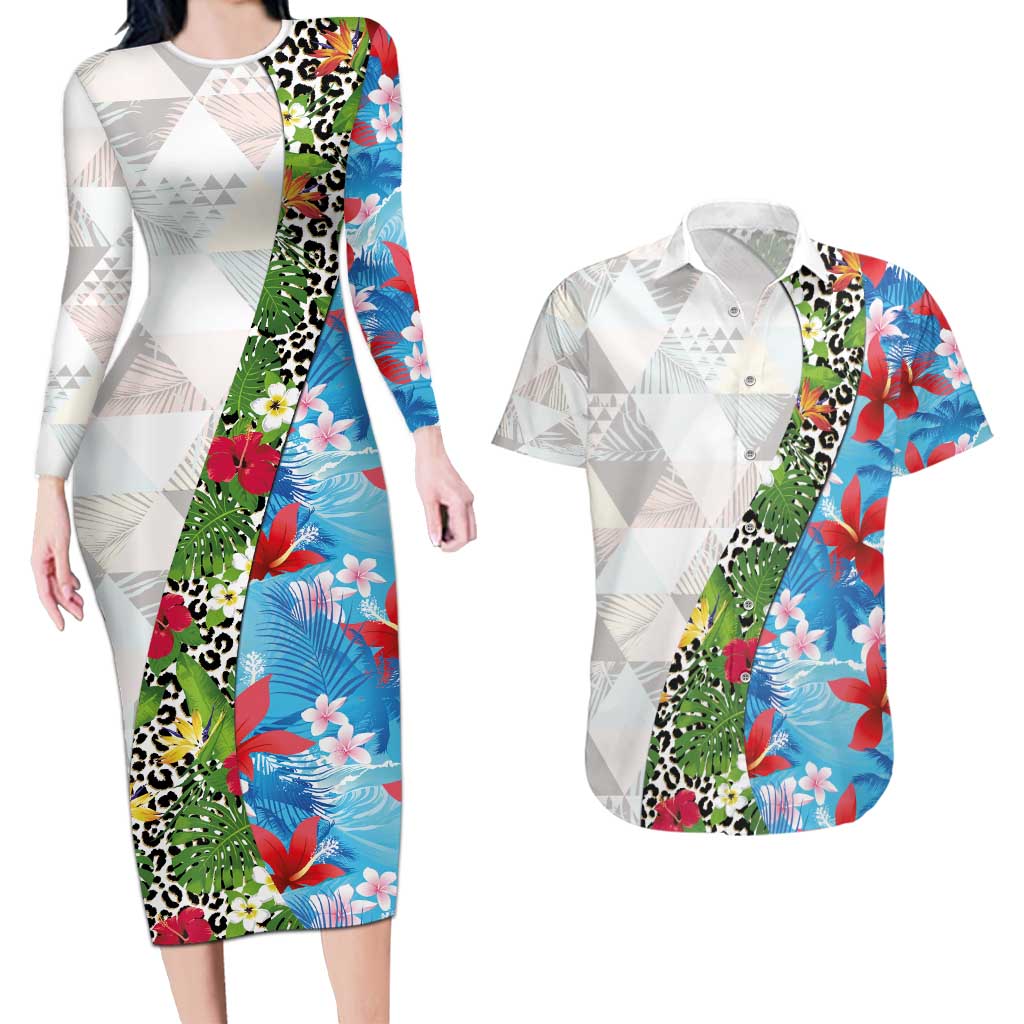 Hawaiian Tropical Flowers and Leaves Couples Matching Long Sleeve Bodycon Dress and Hawaiian Shirt on Leopard Pattern Half Style White-Blue Version - Polynesian Pride