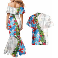 Hawaiian Tropical Flowers and Leaves Couples Matching Mermaid Dress and Hawaiian Shirt on Leopard Pattern Half Style White-Blue Version - Polynesian Pride