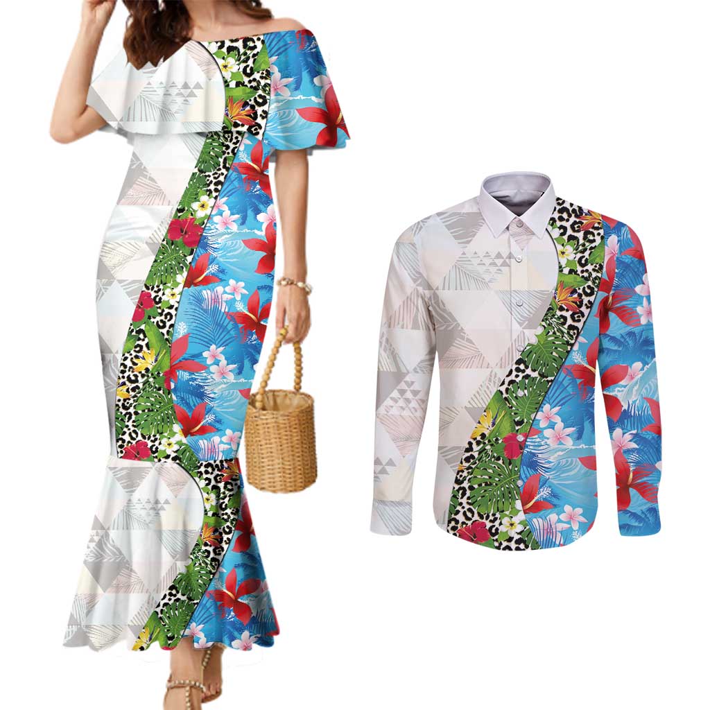Hawaiian Tropical Flowers and Leaves Couples Matching Mermaid Dress and Long Sleeve Button Shirt on Leopard Pattern Half Style White-Blue Version - Polynesian Pride