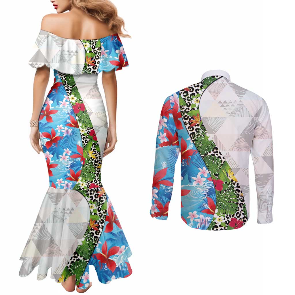 Hawaiian Tropical Flowers and Leaves Couples Matching Mermaid Dress and Long Sleeve Button Shirt on Leopard Pattern Half Style White-Blue Version - Polynesian Pride