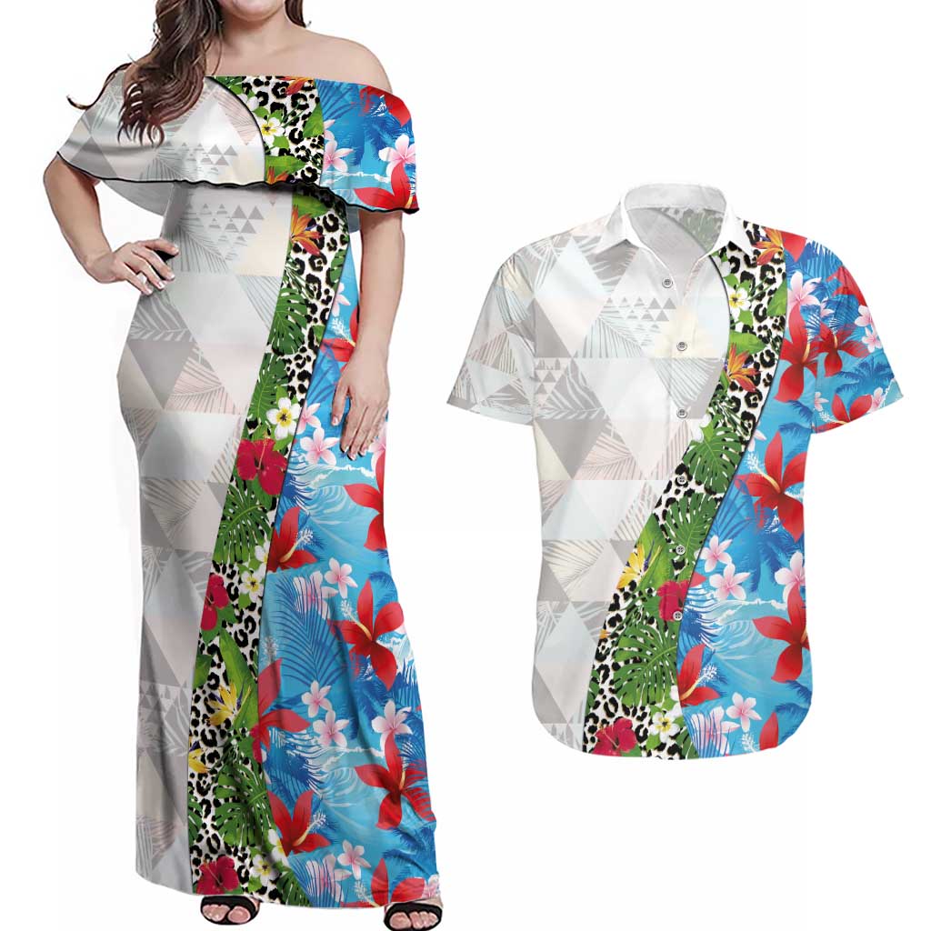 Hawaiian Tropical Flowers and Leaves Couples Matching Off Shoulder Maxi Dress and Hawaiian Shirt on Leopard Pattern Half Style White-Blue Version - Polynesian Pride