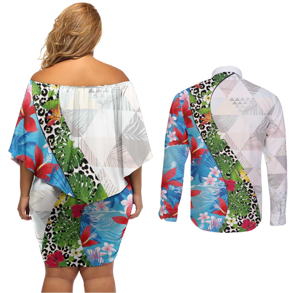 Hawaiian Tropical Flowers and Leaves Couples Matching Off Shoulder Short Dress and Long Sleeve Button Shirt on Leopard Pattern Half Style White-Blue Version - Polynesian Pride