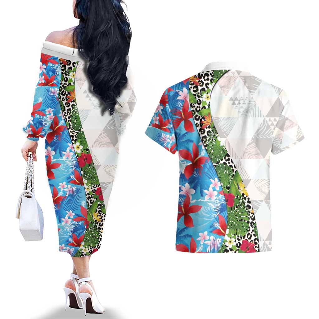 Hawaiian Tropical Flowers and Leaves Couples Matching Off The Shoulder Long Sleeve Dress and Hawaiian Shirt on Leopard Pattern Half Style White-Blue Version - Polynesian Pride
