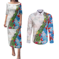 Hawaiian Tropical Flowers and Leaves Couples Matching Puletasi and Long Sleeve Button Shirt on Leopard Pattern Half Style White-Blue Version LT03 White - Polynesian Pride