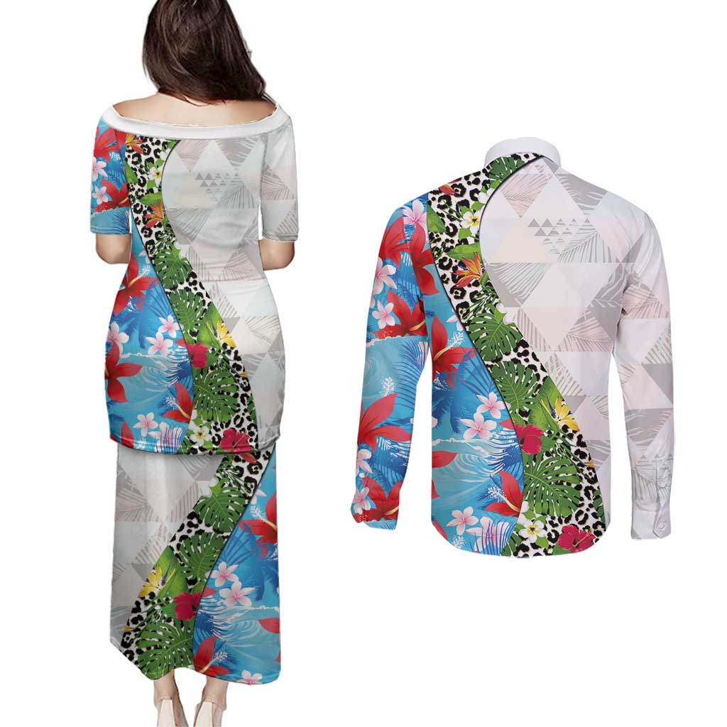 Hawaiian Tropical Flowers and Leaves Couples Matching Puletasi and Long Sleeve Button Shirt on Leopard Pattern Half Style White-Blue Version LT03 - Polynesian Pride