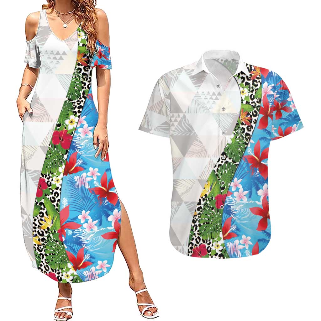 Hawaiian Tropical Flowers and Leaves Couples Matching Summer Maxi Dress and Hawaiian Shirt on Leopard Pattern Half Style White-Blue Version - Polynesian Pride