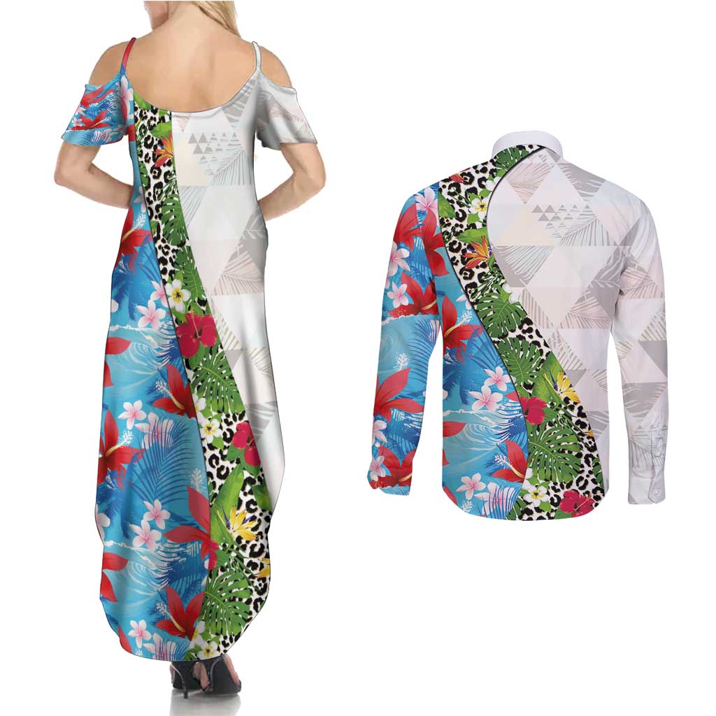 Hawaiian Tropical Flowers and Leaves Couples Matching Summer Maxi Dress and Long Sleeve Button Shirt on Leopard Pattern Half Style White-Blue Version - Polynesian Pride