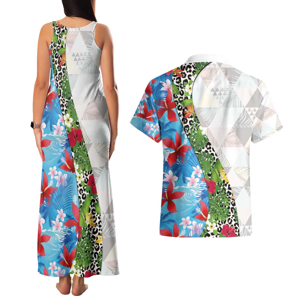 Hawaiian Tropical Flowers and Leaves Couples Matching Tank Maxi Dress and Hawaiian Shirt on Leopard Pattern Half Style White-Blue Version - Polynesian Pride