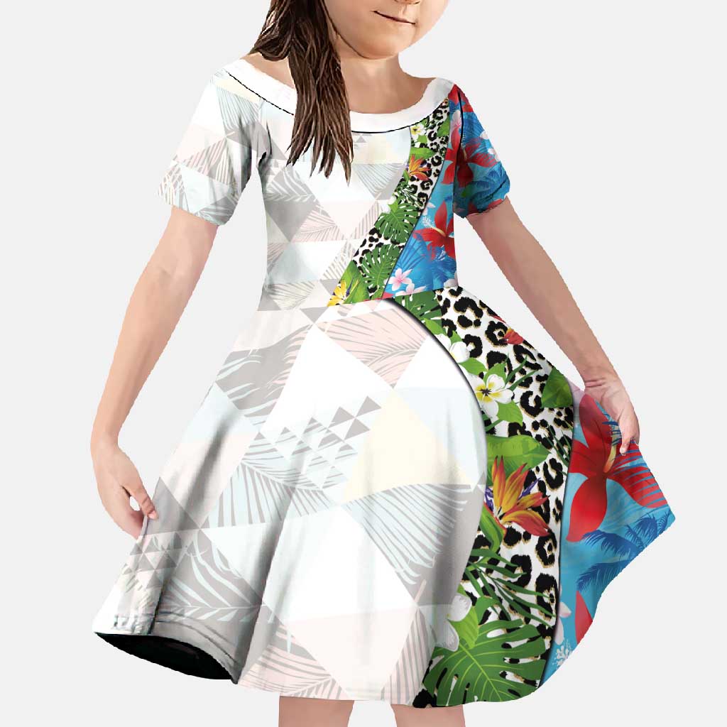 Hawaiian Tropical Flowers and Leaves Family Matching Long Sleeve Bodycon Dress and Hawaiian Shirt on Leopard Pattern Half Style White-Blue Version - Polynesian Pride