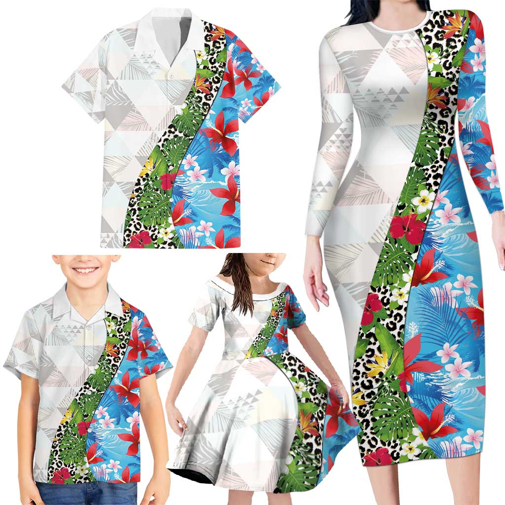 Hawaiian Tropical Flowers and Leaves Family Matching Long Sleeve Bodycon Dress and Hawaiian Shirt on Leopard Pattern Half Style White-Blue Version - Polynesian Pride