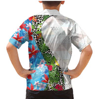 Hawaiian Tropical Flowers and Leaves Family Matching Mermaid Dress and Hawaiian Shirt on Leopard Pattern Half Style White-Blue Version LT03 - Polynesian Pride