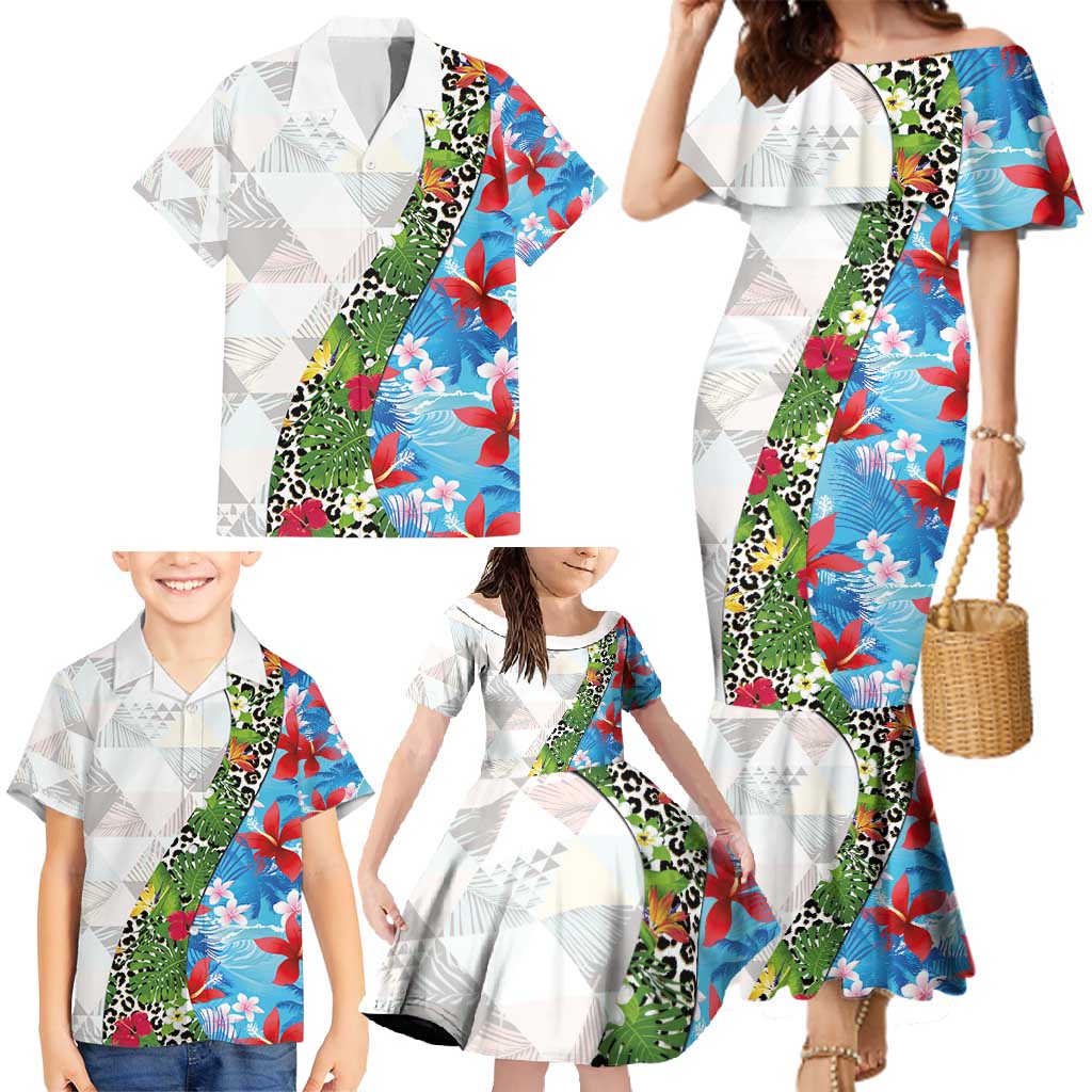 Hawaiian Tropical Flowers and Leaves Family Matching Mermaid Dress and Hawaiian Shirt on Leopard Pattern Half Style White-Blue Version LT03 - Polynesian Pride