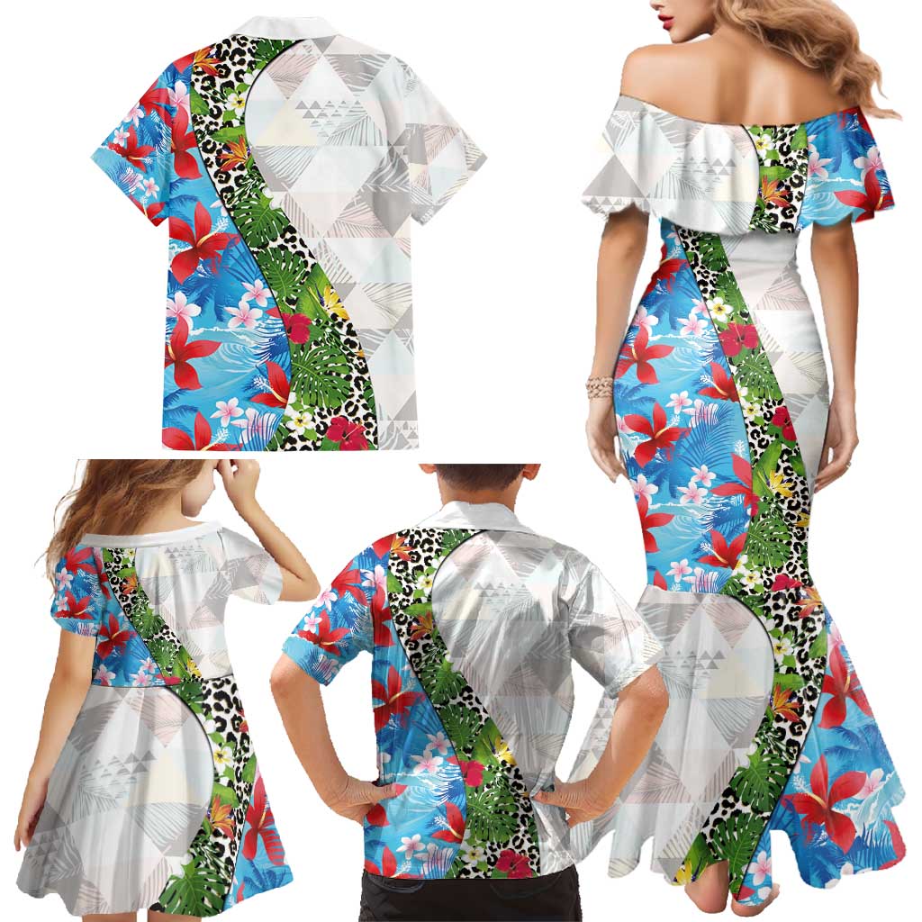 Hawaiian Tropical Flowers and Leaves Family Matching Mermaid Dress and Hawaiian Shirt on Leopard Pattern Half Style White-Blue Version LT03 - Polynesian Pride