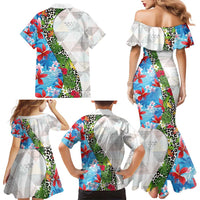 Hawaiian Tropical Flowers and Leaves Family Matching Mermaid Dress and Hawaiian Shirt on Leopard Pattern Half Style White-Blue Version LT03 - Polynesian Pride