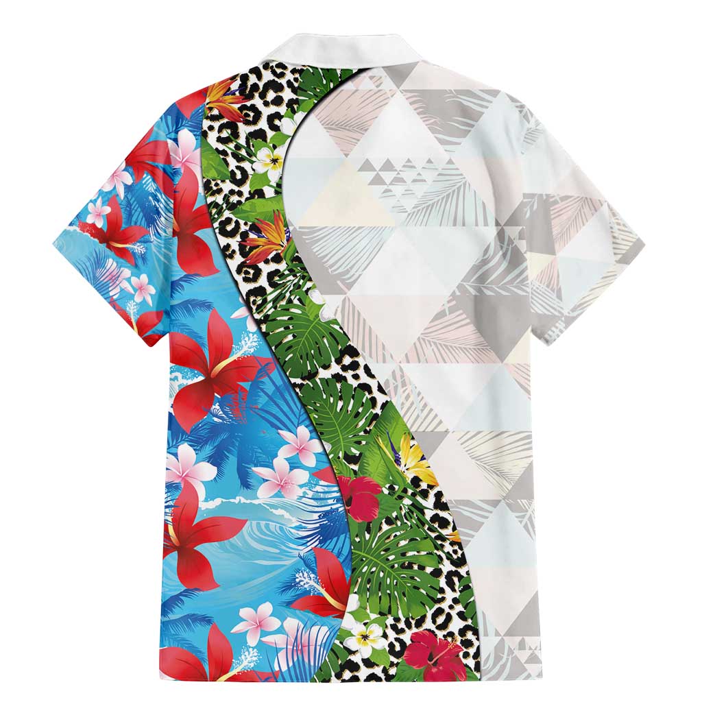Hawaiian Tropical Flowers and Leaves Family Matching Mermaid Dress and Hawaiian Shirt on Leopard Pattern Half Style White-Blue Version LT03 - Polynesian Pride