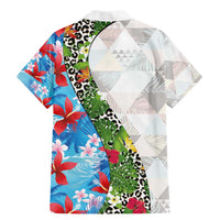 Hawaiian Tropical Flowers and Leaves Family Matching Mermaid Dress and Hawaiian Shirt on Leopard Pattern Half Style White-Blue Version LT03 - Polynesian Pride