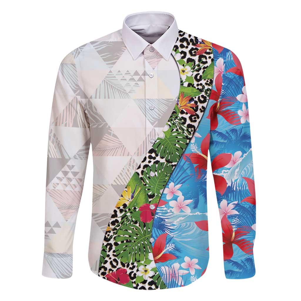 Hawaiian Tropical Flowers and Leaves Family Matching Mermaid Dress and Hawaiian Shirt on Leopard Pattern Half Style White-Blue Version LT03 Dad's Shirt - Long Sleeve White - Polynesian Pride