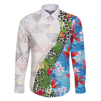 Hawaiian Tropical Flowers and Leaves Family Matching Mermaid Dress and Hawaiian Shirt on Leopard Pattern Half Style White-Blue Version LT03 Dad's Shirt - Long Sleeve White - Polynesian Pride