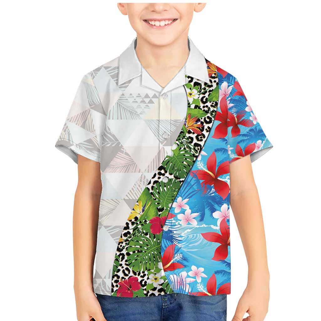 Hawaiian Tropical Flowers and Leaves Family Matching Mermaid Dress and Hawaiian Shirt on Leopard Pattern Half Style White-Blue Version LT03 Son's Shirt White - Polynesian Pride