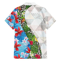 Hawaiian Tropical Flowers and Leaves Family Matching Off The Shoulder Long Sleeve Dress and Hawaiian Shirt on Leopard Pattern Half Style White-Blue Version - Polynesian Pride