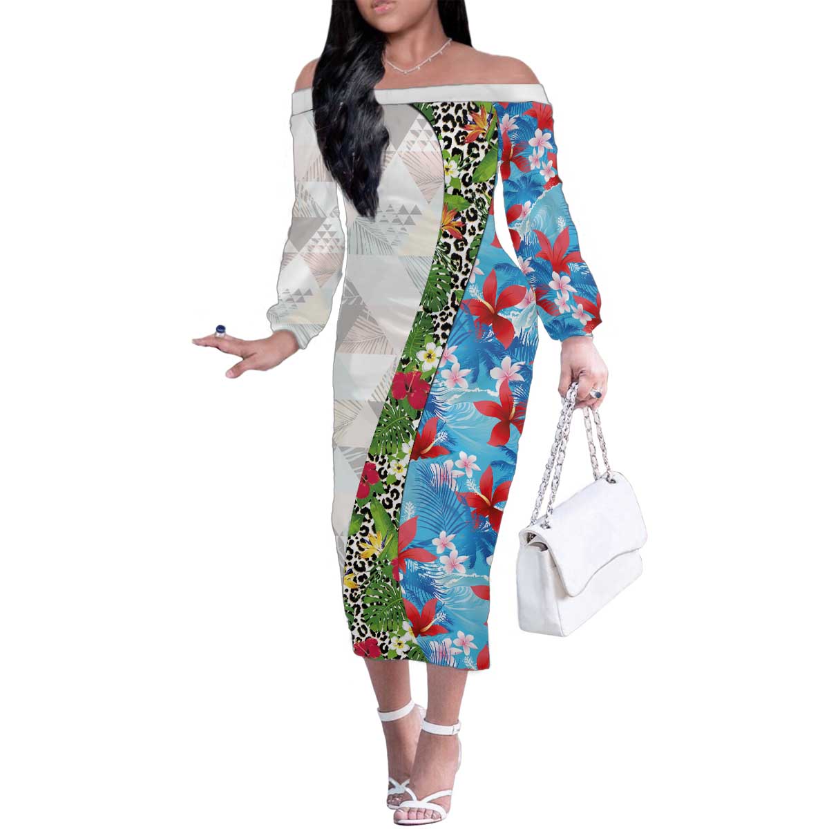Hawaiian Tropical Flowers and Leaves Family Matching Off The Shoulder Long Sleeve Dress and Hawaiian Shirt on Leopard Pattern Half Style White-Blue Version - Polynesian Pride