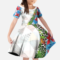 Hawaiian Tropical Flowers and Leaves Family Matching Off Shoulder Maxi Dress and Hawaiian Shirt on Leopard Pattern Half Style White-Blue Version LT03 Daughter's Dress White - Polynesian Pride