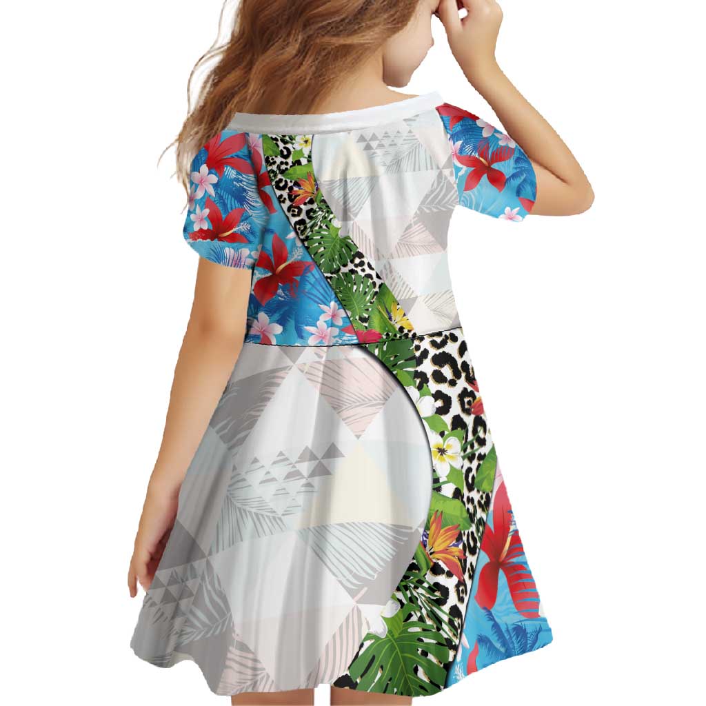 Hawaiian Tropical Flowers and Leaves Family Matching Off Shoulder Maxi Dress and Hawaiian Shirt on Leopard Pattern Half Style White-Blue Version LT03 - Polynesian Pride
