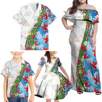 Hawaiian Tropical Flowers and Leaves Family Matching Off Shoulder Maxi Dress and Hawaiian Shirt on Leopard Pattern Half Style White-Blue Version LT03 - Polynesian Pride