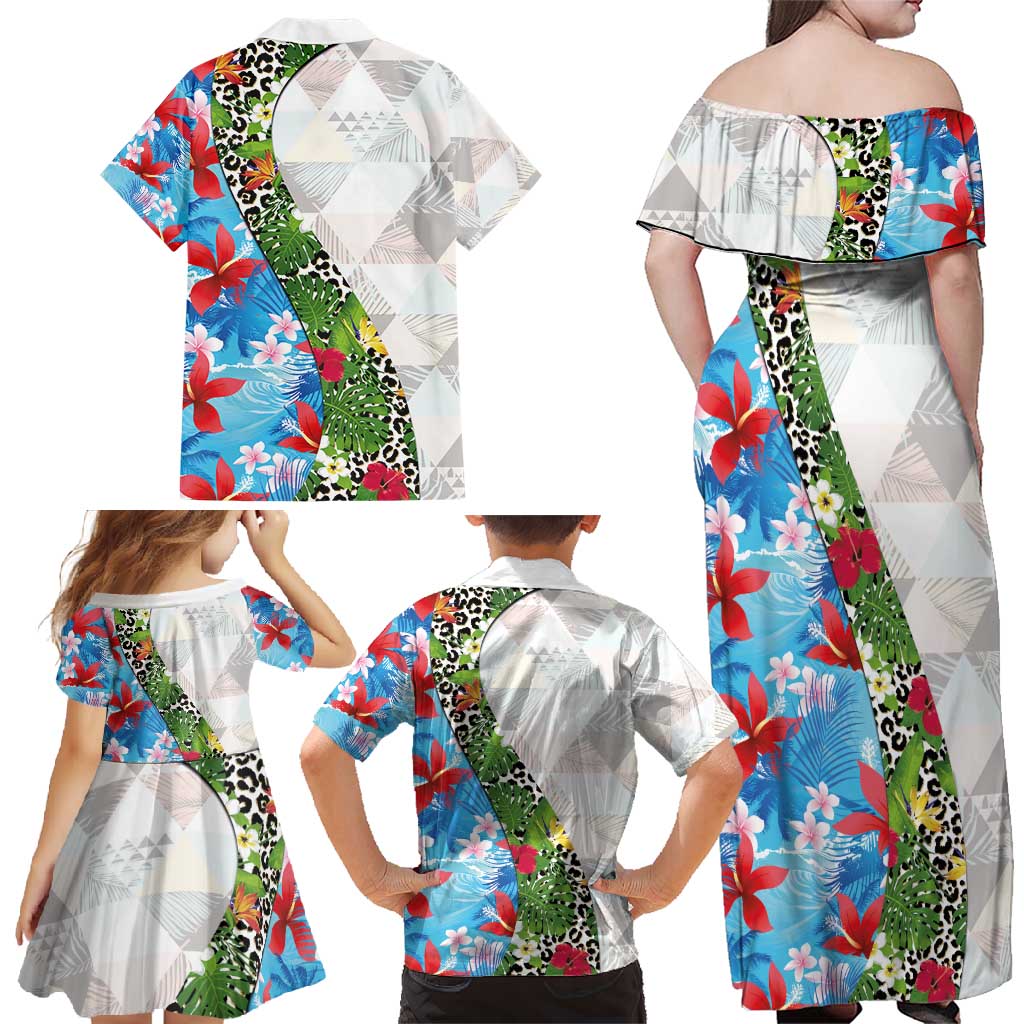 Hawaiian Tropical Flowers and Leaves Family Matching Off Shoulder Maxi Dress and Hawaiian Shirt on Leopard Pattern Half Style White-Blue Version LT03 - Polynesian Pride