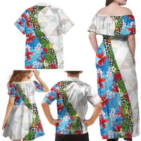 Hawaiian Tropical Flowers and Leaves Family Matching Off Shoulder Maxi Dress and Hawaiian Shirt on Leopard Pattern Half Style White-Blue Version LT03 - Polynesian Pride