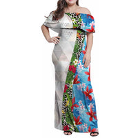 Hawaiian Tropical Flowers and Leaves Family Matching Off Shoulder Maxi Dress and Hawaiian Shirt on Leopard Pattern Half Style White-Blue Version LT03 Mom's Dress White - Polynesian Pride