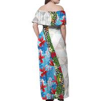 Hawaiian Tropical Flowers and Leaves Family Matching Off Shoulder Maxi Dress and Hawaiian Shirt on Leopard Pattern Half Style White-Blue Version LT03 - Polynesian Pride