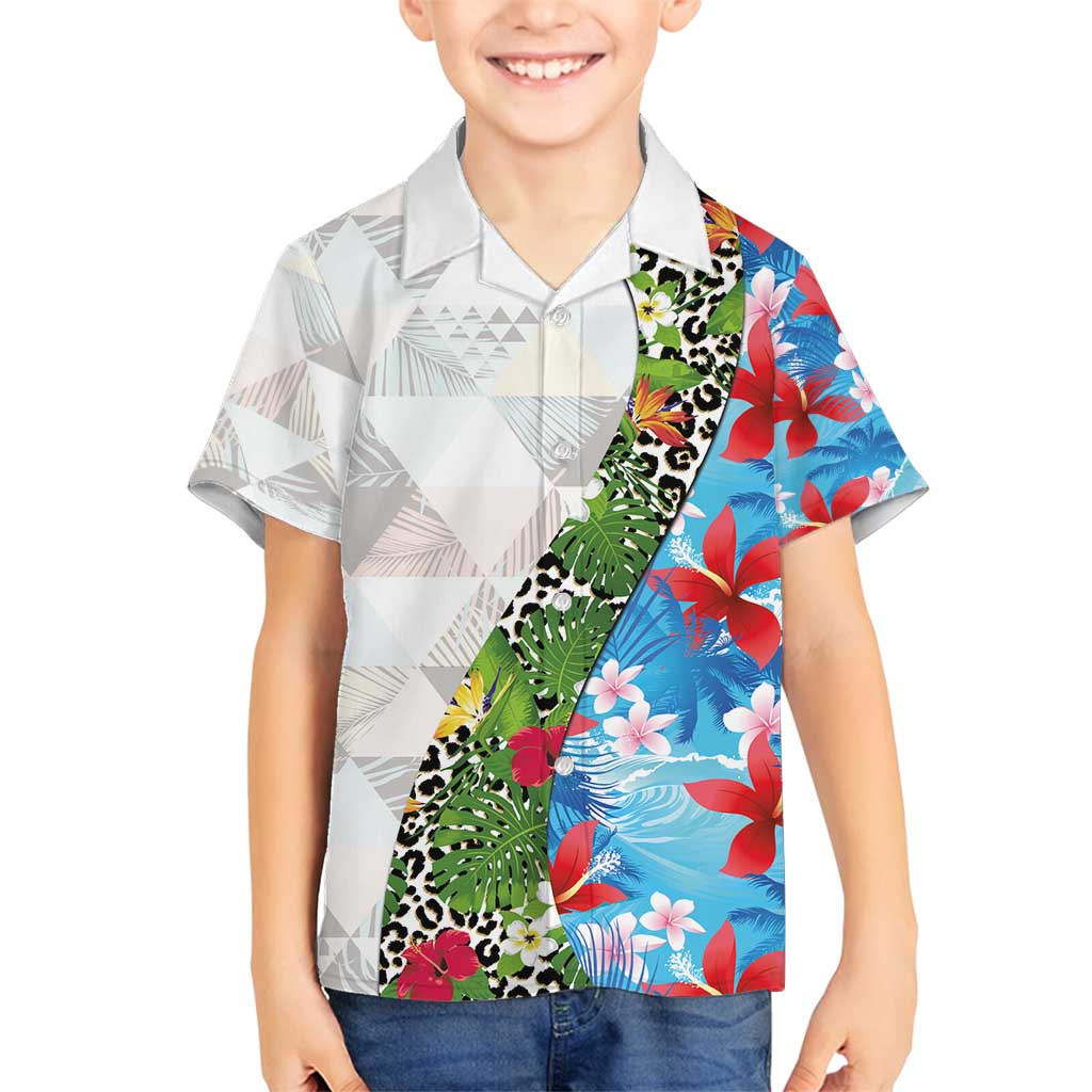 Hawaiian Tropical Flowers and Leaves Family Matching Off Shoulder Maxi Dress and Hawaiian Shirt on Leopard Pattern Half Style White-Blue Version LT03 Son's Shirt White - Polynesian Pride