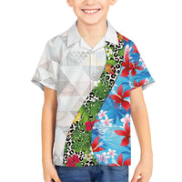 Hawaiian Tropical Flowers and Leaves Family Matching Off Shoulder Maxi Dress and Hawaiian Shirt on Leopard Pattern Half Style White-Blue Version LT03 Son's Shirt White - Polynesian Pride
